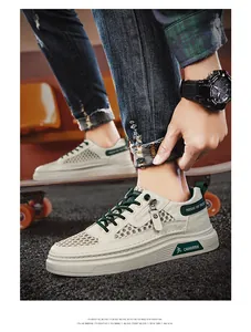 Close-up detail of breathable mesh hollowed men's casual shoes in beige and green