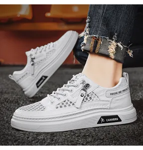 White men's breathable mesh casual board shoes with urban street style zipper detail