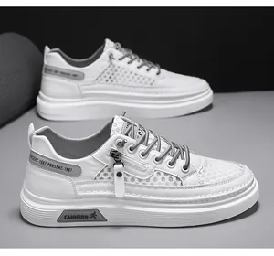 Side view detail of white mesh breathable men's sneakers with zipper decoration