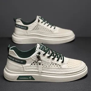 Men's breathable mesh hollow casual sneakers in off-white with dark green accents