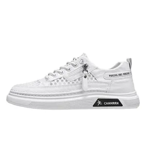 White breathable mesh hollow casual sneakers for men with stylish side zipper and thick sole