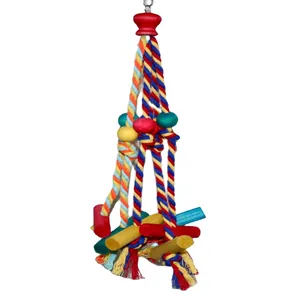 Vibrant colorful cotton rope bird chewing toy with hanging wooden blocks and beads for parrots