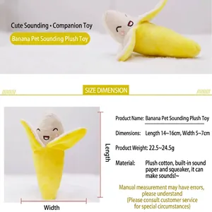 Detail view of plush banana dog toy showing size dimensions and soft squeaky material texture