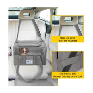 Detail showing the pet carrier bag secured to a car seat with adjustable straps.