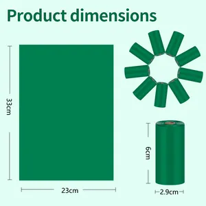 Product dimensions of green eco-friendly degradable dog poop bags and roll measurements