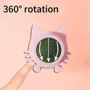Wall-mounted catnip ball toy in pink cat head shape with 360-degree rotation