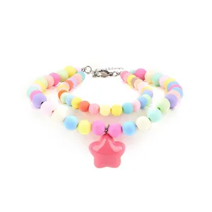 Colorful matte bead pet necklace with glossy pink star pendant and adjustable metal clasp