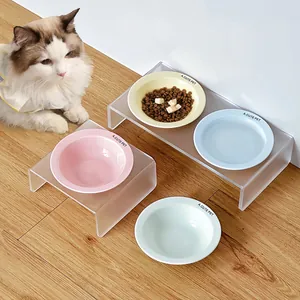 Verhoogde Acryl Huisdier Voerbak Standaard Met Keramische Bakjes Voor Katten Kleine Honden Nekbescherming Water Voerbakken