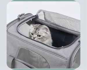 Durable gray foldable pet carrier bag featuring mesh ventilation and top zippered opening