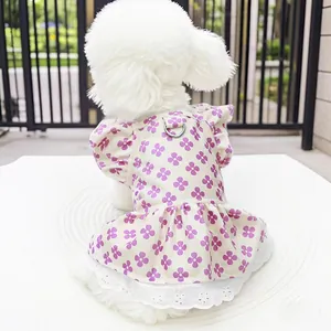 Robe de Princesse pour Chien Imprimé Trèfle Avec Bordure en Dentelle et Anneau en D Robe d'Été Florale pour Petits Chiens
