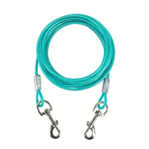 Detail of turquoise steel wire pet tie-out cable with durable double metal swivel clips.