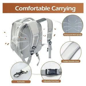 Detailed view of white pet backpack straps and breathable mesh padding comfort features