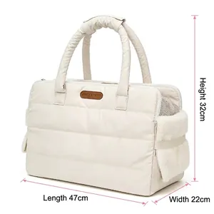 Macro view of portable white quilted pet carrier bag with dimensions 47x22x32cm