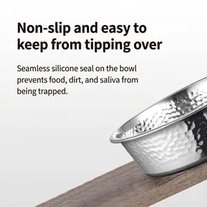 Hammered stainless steel dog bowl with non-slip silicone base for large pets and cats