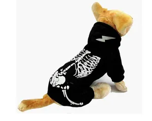 Halloween dog skeleton hoodie in black with luminous bone print for small pets