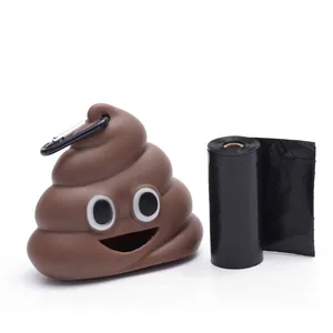 Silicone Brown Poop Emoji Shaped Pet Waste Bag Dispenser Portable Dog Poop Bag Holder With Metal Carabiner For Outdoor Travel Walking