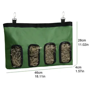 Hanging green hay feeder bag for rabbits with dimensions 46x28x4cm displayed clearly.