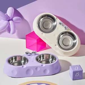 Pet Double Bowl Stainless Steel Cat Dog Feeding Dish With PP Cheese Design Base Anti-Slip Pet Water Food Bowl For Cats Small Dogs