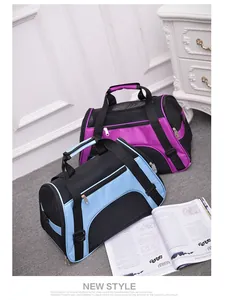 Detail view of breathable blue and purple pet carrier bags for cats and dogs travel