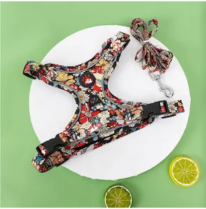 Detailed macro view of vibrant floral pattern pet harness and leash set on white base.