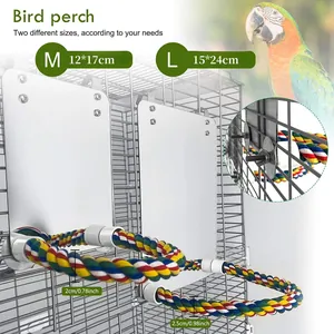 Detail view of bird perch mirror showing M and L size dimensions and mounting bolt.