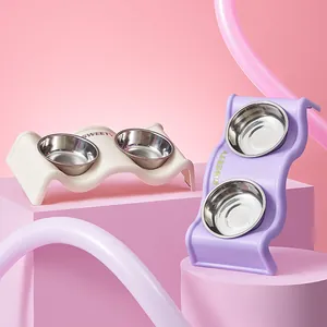 Modern wave-shaped double stainless steel pet bowl for dogs and cats neck protection