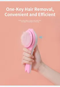 Close-up of pink self-cleaning pet slicker brush with one-button hair removal feature