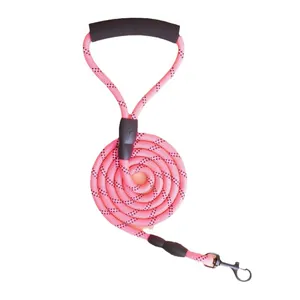 Pink reflective dog leash rope featuring a comfortable soft foam handle and metal hook