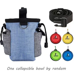 Detailed view of a blue pet training treat bag with waist strap and travel bowl