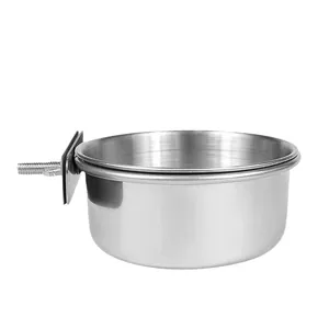 Vista laterale di una ciotola in acciaio inox per uccelli con fissaggio alla gabbia.
