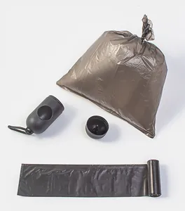 Black portable pet waste bag dispenser and refill roll displayed on a white background