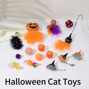 Halloween Cat Toy Set Plastic Pumpkin Ghost Feather Interactive Pet Training Toy For Indoor Kitten Boredom Relief Gift