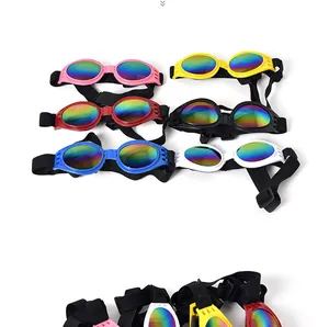 Detailed view of foldable pet goggles in multiple vibrant colors with rainbow lenses