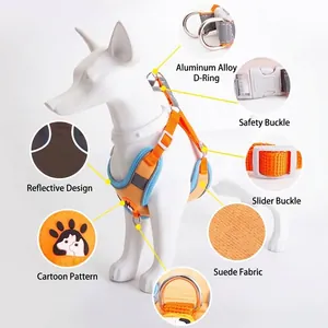 Reflective vest-style dog harness with suede fabric and durable aluminum alloy D-ring detail