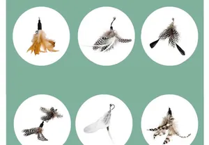 Six different styles of feather refills for interactive cat teaser wands with bells
