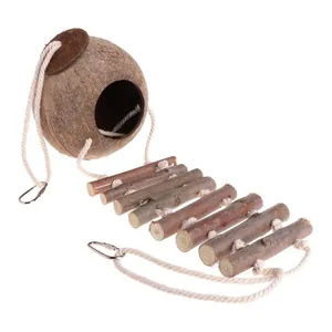 Natural coconut shell bird nest with a flexible hanging wooden ladder for small parrots