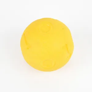 Close-up of yellow TPR dog chew toy ball featuring embossed bone and circle patterns