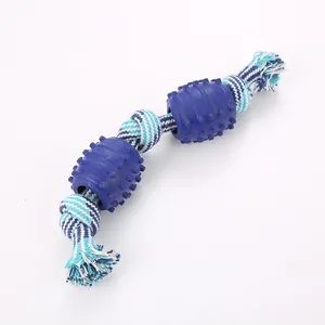 Durable double knot cotton rope dog chew toy featuring blue TPR textured barrels for dental care