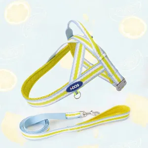 Durable striped dog harness and leash set with breathable mesh in blue and yellow