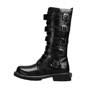 Men's gothic high-top motorcycle boots with multi-buckle straps and wolf head detail