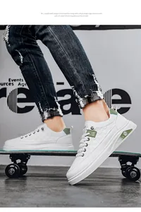 Close-up of stylish white casual sneakers for men on a skateboard in urban setting