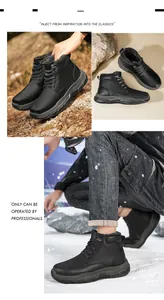 Nahaufnahme und Lifestyle-Ansicht schwarzer Leder-Winterstiefel mit Fellfutter und grauer Sohle.
