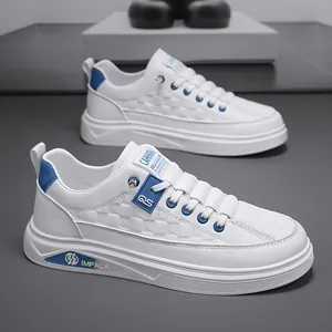 Modern white and blue men's casual sneakers featuring stylish geometric texture and accents
