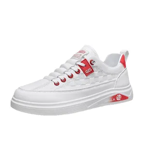 Fashionable white casual men's sneakers with stylish red accents and checkered texture