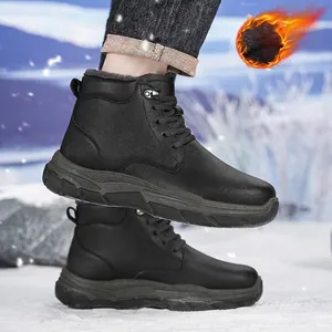 Herren Winter-Schneestiefel aus schwarzem Leder mit warmem Fleece-Futter für den Außenbereich