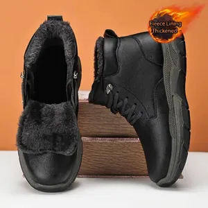 Herren Winter Schneestiefel hoch mit schwarzem Leder und dickem Fleecefutter
