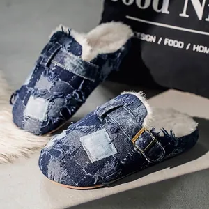 Uomo Designer Denim Patchwork Boston Muli Foderati in Pile Invernali Caldi Zoccoli Denim Sfilacciato Moccasini Slip-on Vintage Fibbia Scarpe Casual