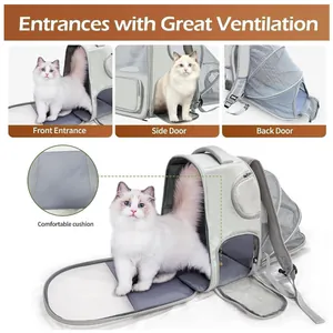 Expandable gray cat backpack carrier with breathable mesh and three entrance doors