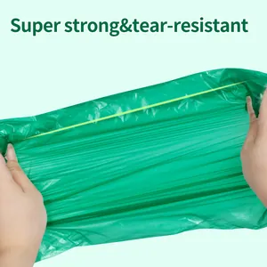 Close-up detail of a super strong and tear-resistant green compostable dog poop bag.