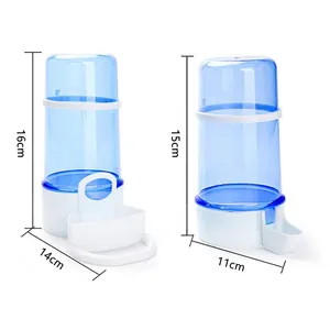 Blue automatic bird water feeder for cages showing 15cm and 16cm height measurements